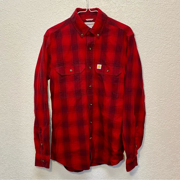 Carhartt Flannel Shirt Mens Small Red Black Plaid Button Down 100% Cotton Rugged - Picture 1 of 9